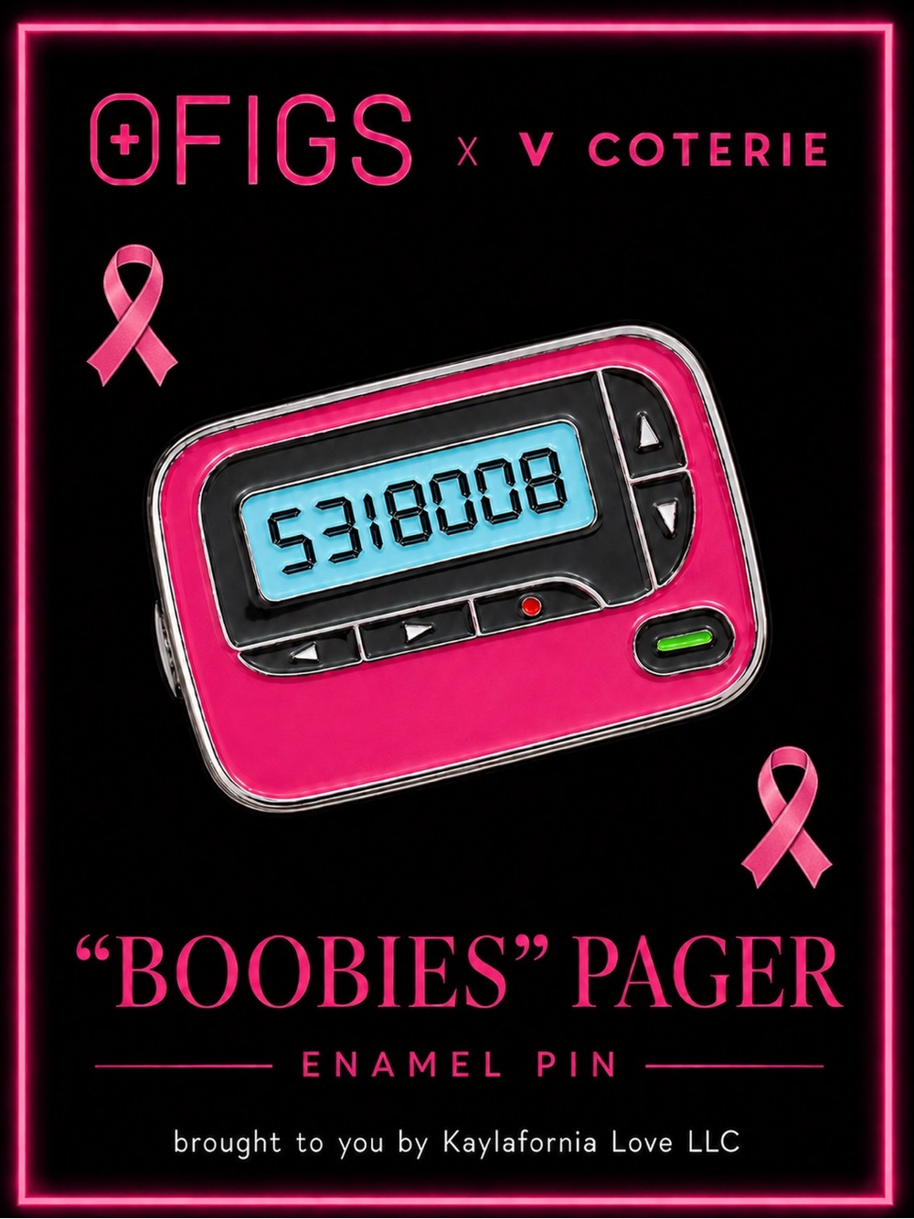 FIGS x V COTERIE 🩷 “BOOBIES” Pager 🎀 BCA Enamel Pin